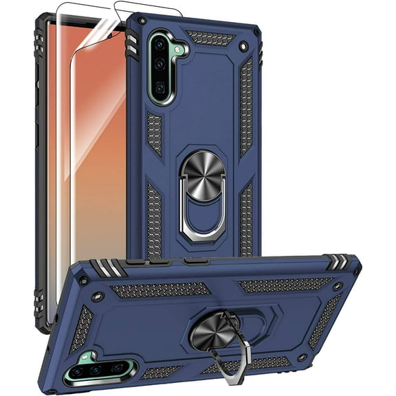 for Samsung Galaxy Note 10 Case, Note10 Case with HD Screen Protectors, Military-Grade Metal Ring Holder Kickstand 15ft Drop Tested Shockproof Cover Case for Samsung Note 10 (2019) Blue
