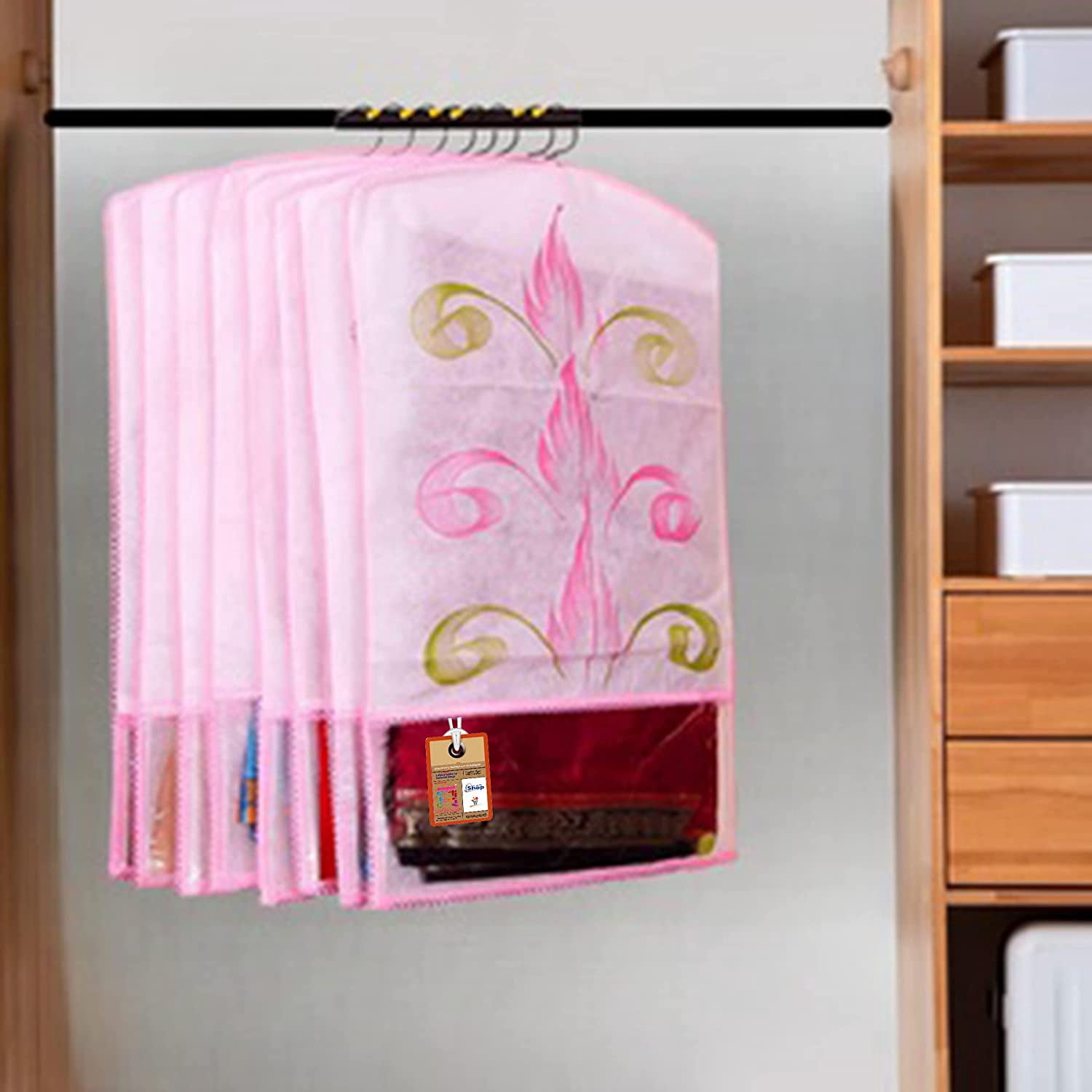 atorakushon Nonwoven 25'' Hanging Garment Suit Bags Storage Clothes Cover with Clear Window for Tuxedos Shirts Saree Pack of 24 Printed color