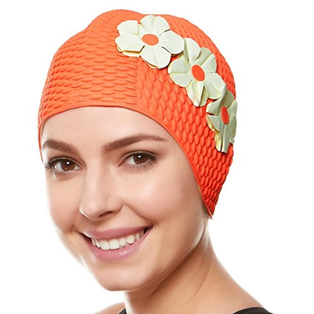 Beemo Swim Bathing Caps for Women Latex Swim Hat Orange with White
