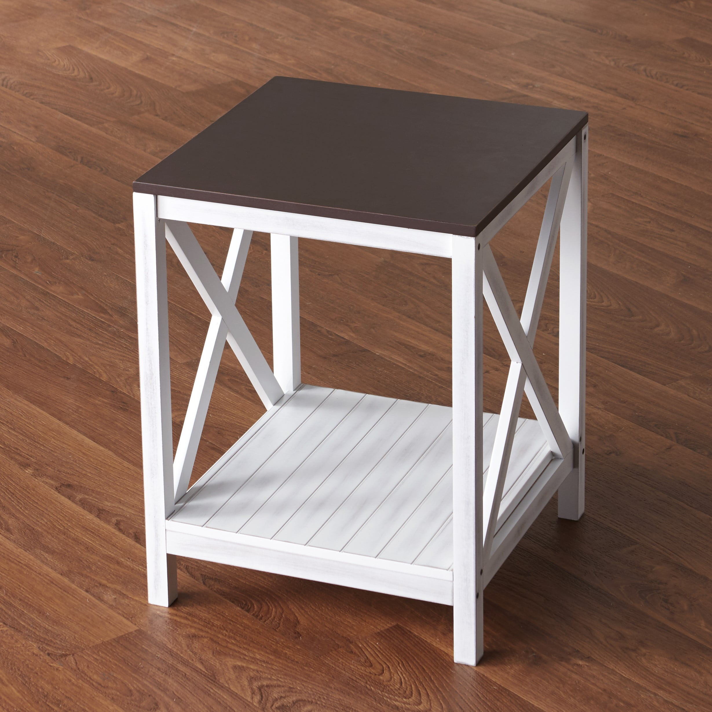 TwoTone End Table with X Design Legs and Lower Shelf for Storage