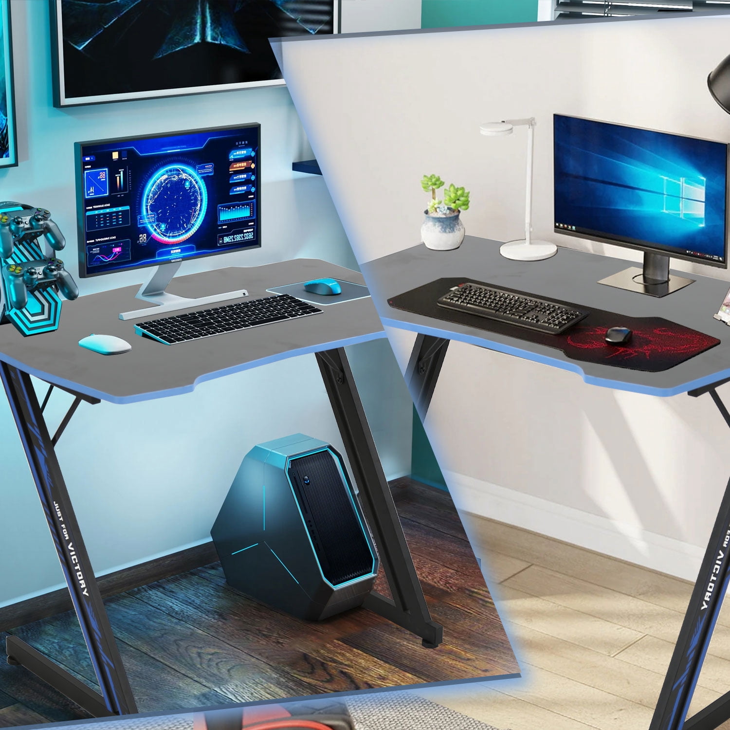 CL.HPAHKL 39 inch Small Gaming Desk, Z Shaped PC Computer Desk Gaming Workstation with Headphone Hook, Ergonomic Gaming Table PC Desk for Game Players, Blue