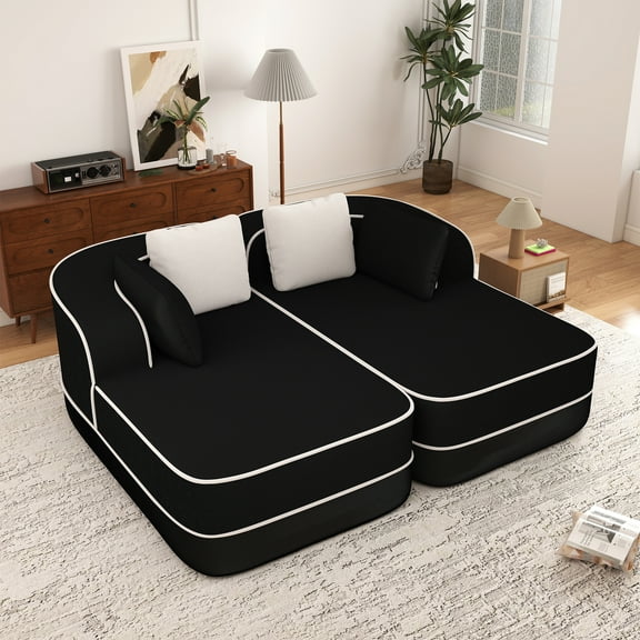 Aukfa 77" Double Chaise Sleeper Sofa, 2-Piece Modular Sectional, Teddy Velvet, Black