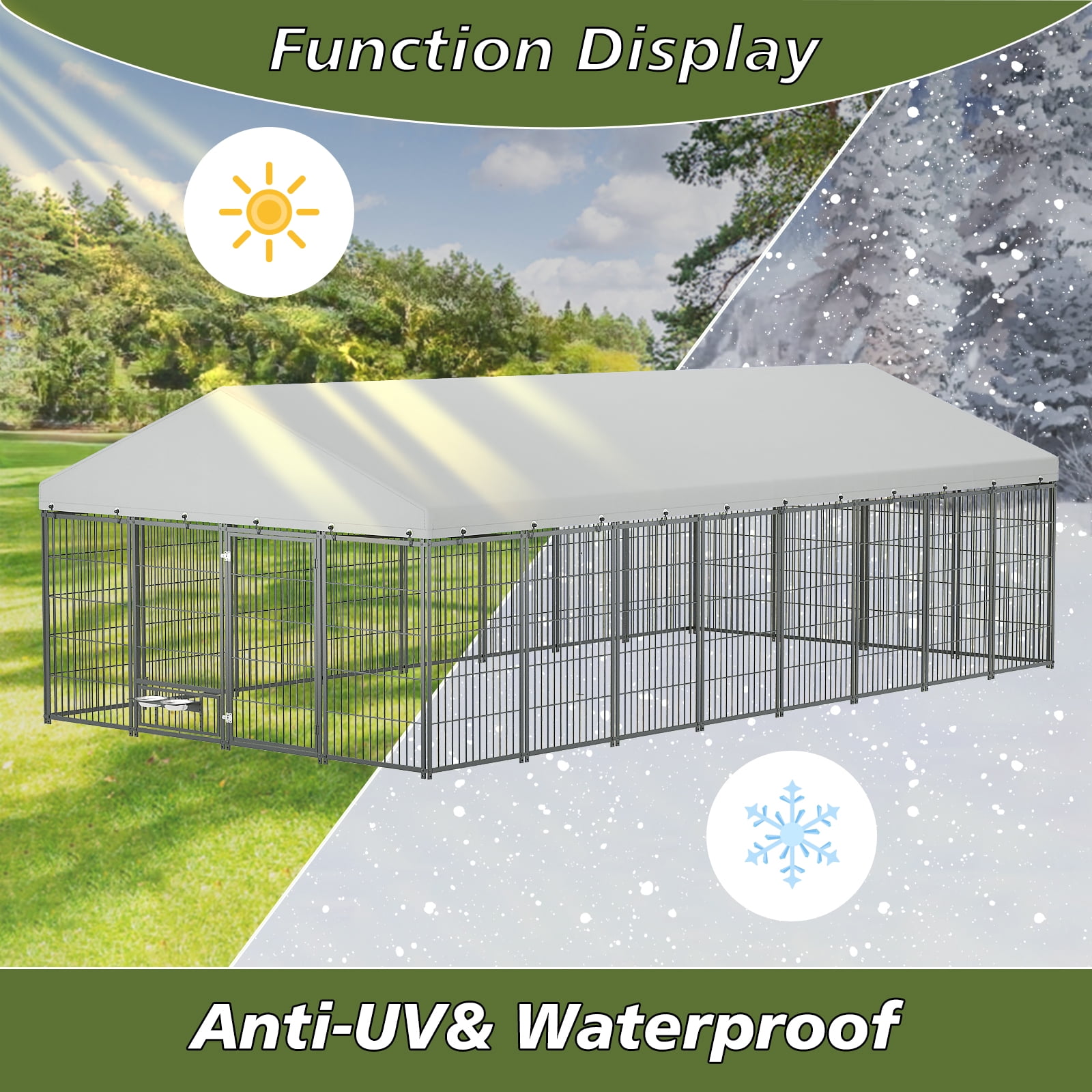 VEPXXP Large Outdoor Dog Kennel 18.9'x9.61'x6.23' Metal Pet Enclosure with Roof & Rotating Feeders