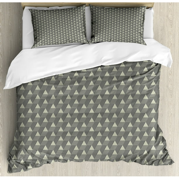 Ambesonne Grey Geometric Duvet Cover Set King Size Diagonal And Horizontal Lines Forming Triangles Abstract Repeating Motifs Decorative 3 Piece Bedding, Cream And Grey Duvet Cover Set King