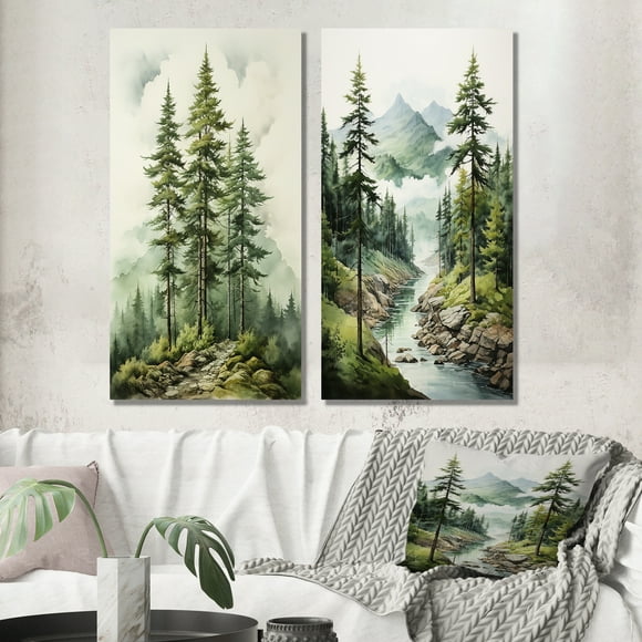 Designart "Green Pine Tree magic Guardians II" Tree Pine Wall Art Set Of 2 - Green Floral Gallery Wall Set For Home Decor