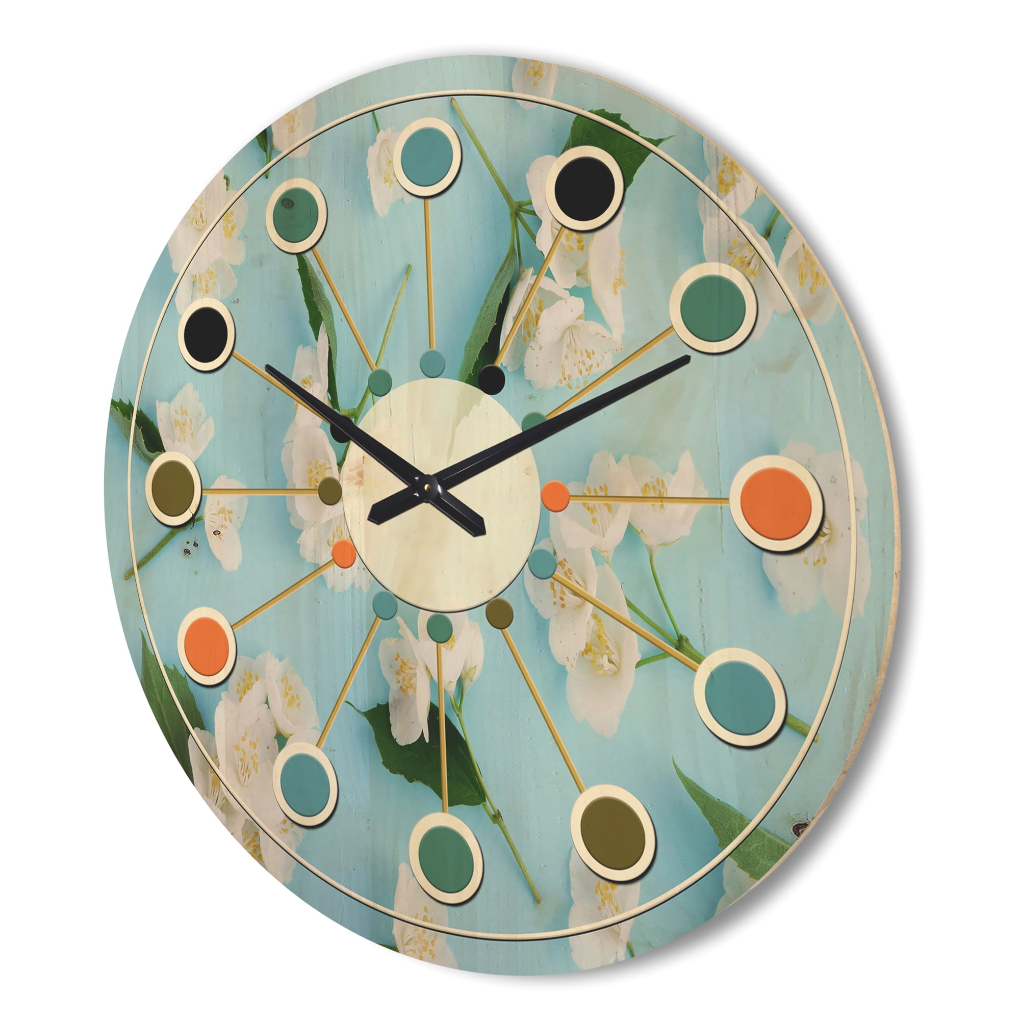 Designart 'Jasmine White Flowers On Bright Blue' Mid-Century Modern Wood Wall Clock