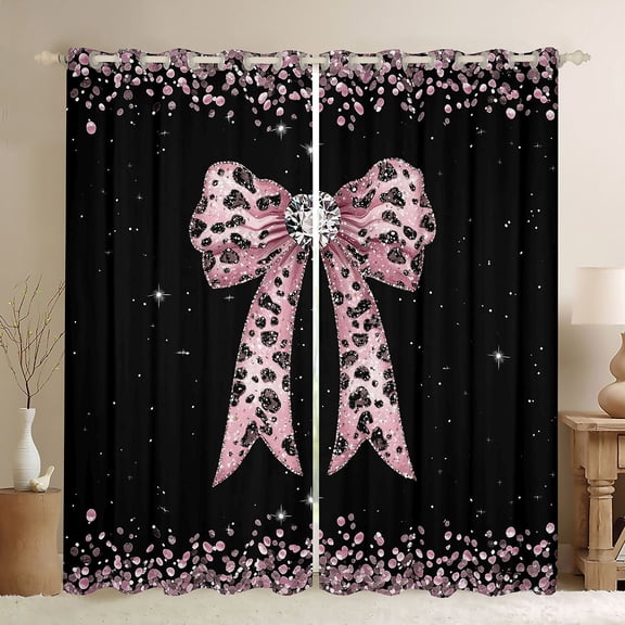 Manfei Cheetah Print Bowknot Black Out Curtains for Girls Women,Kids Teens Bling Crystal Sequins Curtains Pack of 2 (42x63 Each),Super Cozy Room Decor