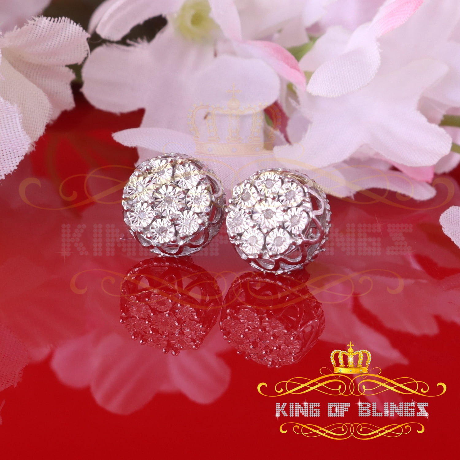 King of Bling's 0.10ct Diamond 925 Sterling White Silver For Men's & Womens Stud Round Earrings