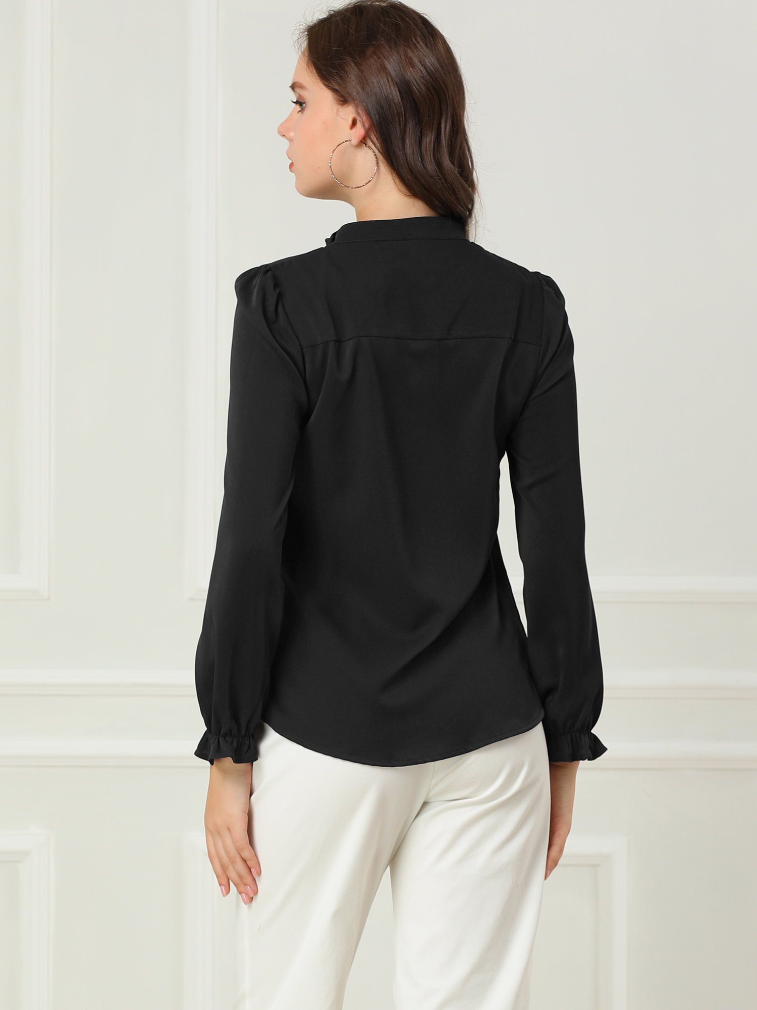 DARING DIVA Women's Chiffon Stand Collar Ruffled Trim Work Blouse S Black