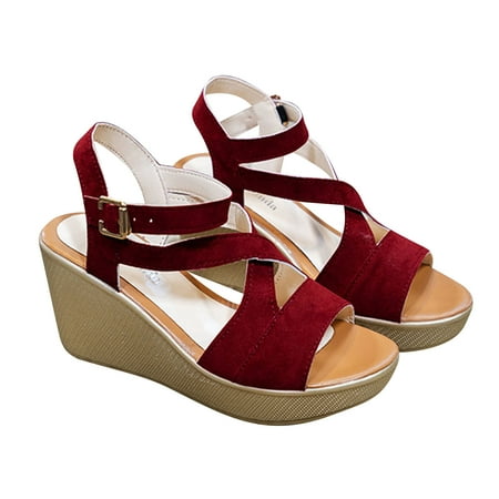 

Fesfesfes Womens Slide Sandals Women s New Summer Fashion Wedge High Heels Buckle Flock Sandals Ladies Shoes 7(39)