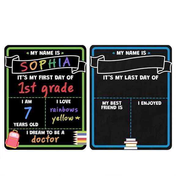 First Day of School Sign Board, Reusable Double Sided Chalkboard for Kids Photo Prop, Last Day Kindergarten Preschool Memory Keepsake, 14x11 Inch Wood