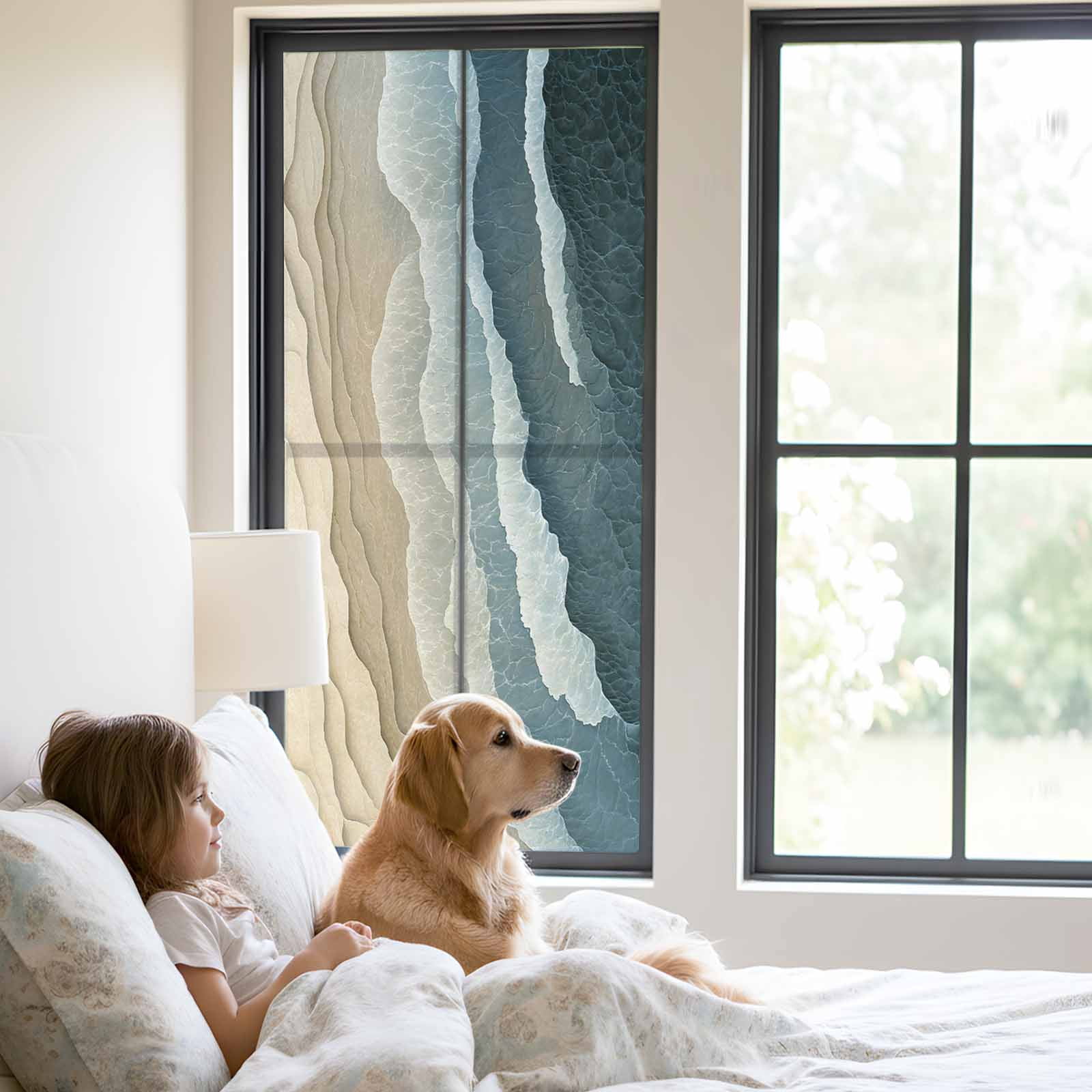 Blue Beige Window Privacy Film, Gradient Sea Wave Beach Abstract Seaside Sand Frosted Glass Window Clings Static Cling UV Heat Blocking Reusable Door Sticker for Bathroom 23.6 x 59 Inch