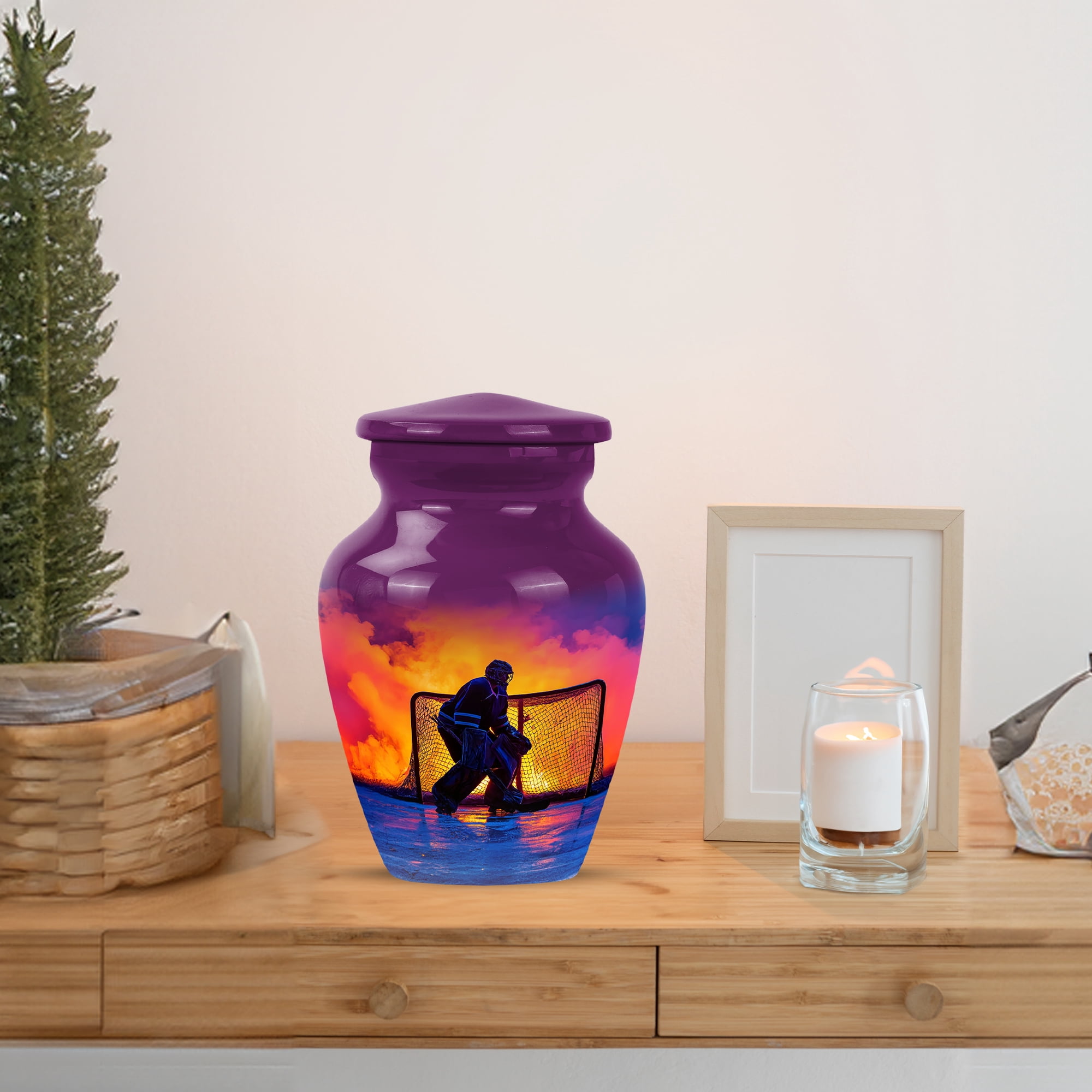 MUKTIVE Ice Hockey Mini Urns for Human Ashes, Purple Small Urn for Ashes for Women, Keepsake Urn for Mother& Father Burial Ash, Goalkeeper Urns for , Funeral, Burial & Memorial Settings
