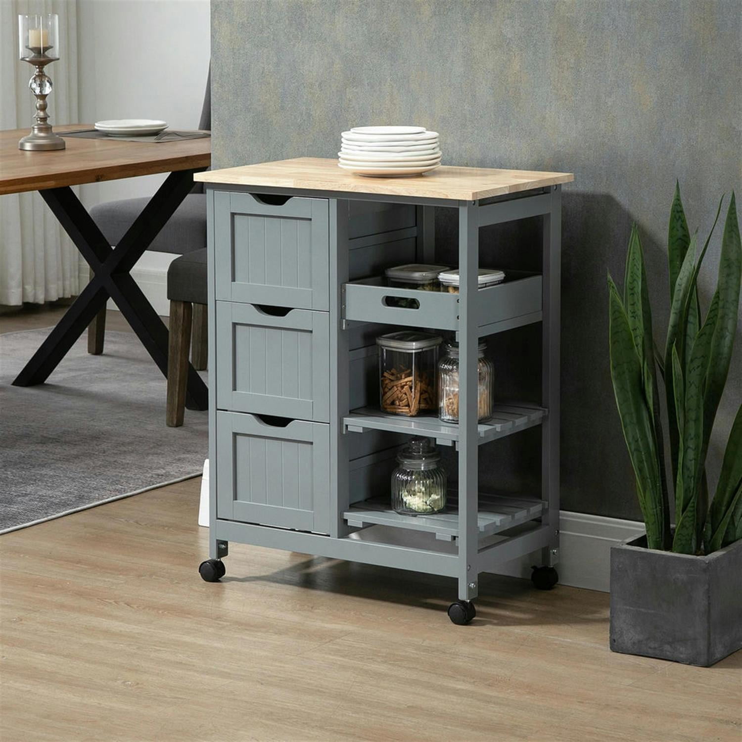 Demi Bonn 33" Kitchen Island Cart on Wheels with Storage, Rolling Dining Room Serving Utility Carts Mobile Movable with Wood Top and Drawer, Gray