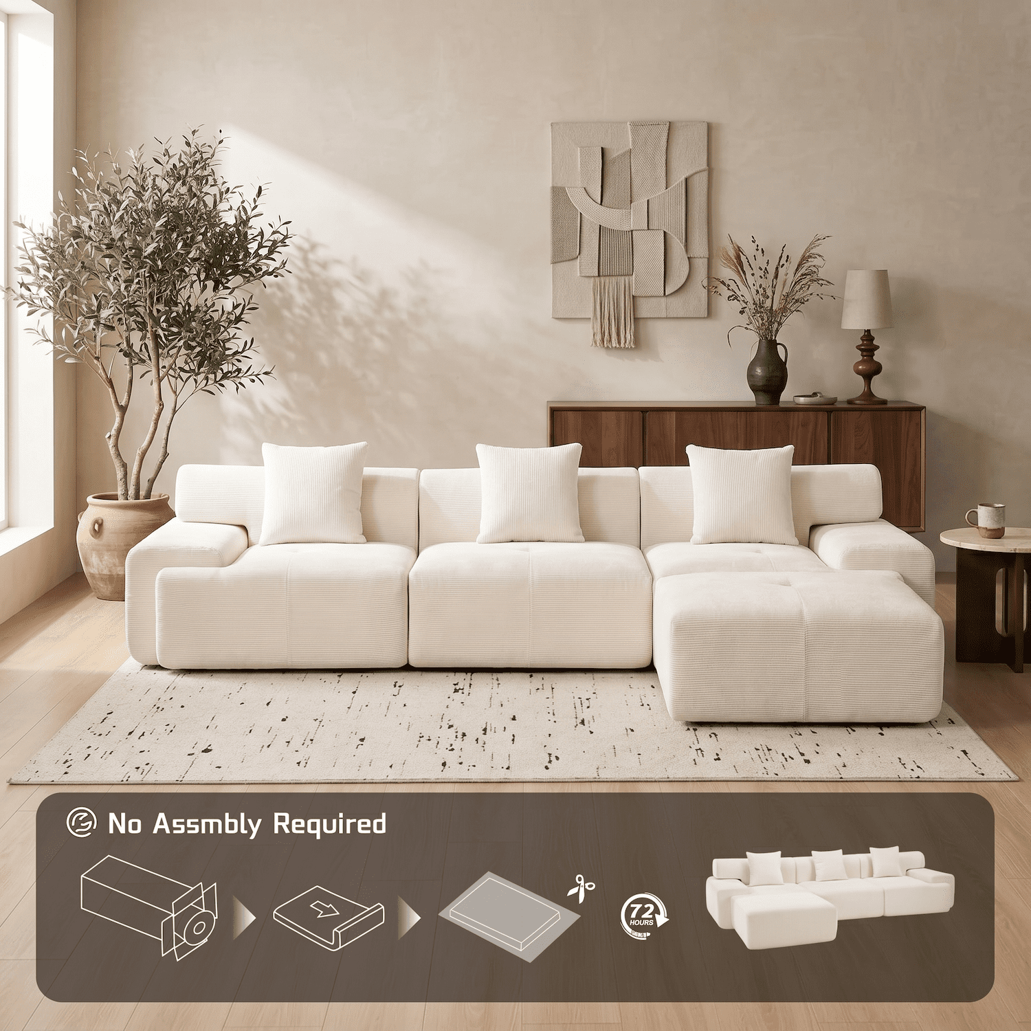 Xiweot Boneless Cloud Couch Sectional Sofa, Oversized Modular Sectional Couch for Living Room, Deep Seat Chenille Sofa with Ottoman, No Assembly Full Foam Comfy Couch for Apartment Bedroom (Beige)