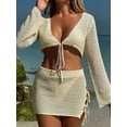thumbnail image 4 of Womens Crochet Swimsuit Coverups 2 Piece Bathing Suit Cover Up Long Sleeve Tie Front Crop Top Mini Skirt Sets  S, 4 of 6