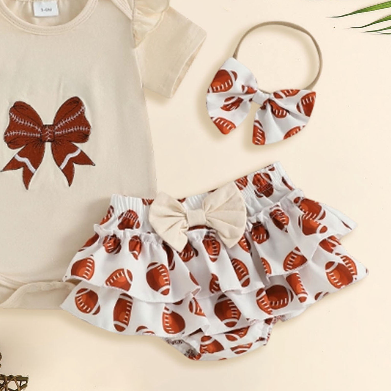 Faraee 0-18 Months Newborn Infant Baby Girl Clothes Ruffle Short Sleeve Romper Shorts Set Bowknot Floral Summer Outfits Beige
