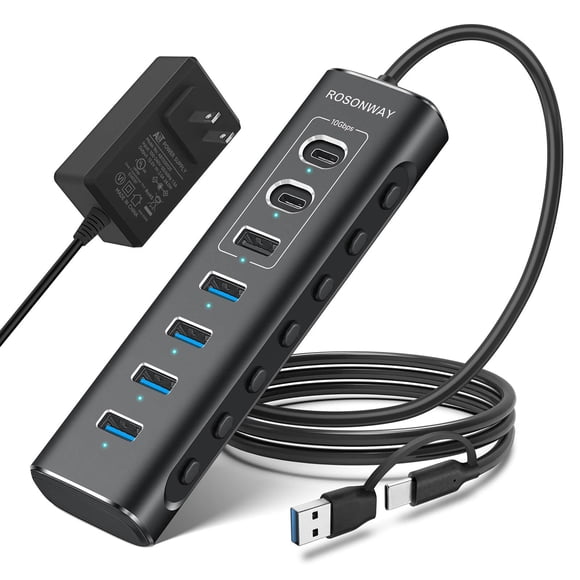 Hub USB Rosonway USB 3.2/USB C de 7 puertos con adaptador de 10 Gbps y 12 V