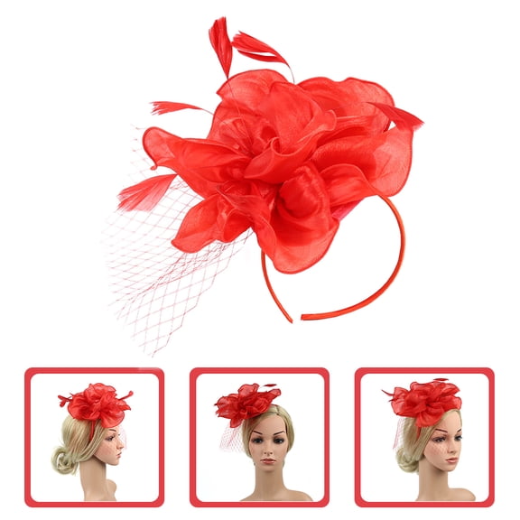 OFFIGAM 1Pack Red Flower Fascinators Hat Mesh Material Bridal Tea Party Hat Prom Headwear