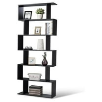 6-Tier Geometric Bookcase, Modern S-Shaped Storage Display Bookshelf for Living Room, Anti-Toppling Device, Home Office Wooden 6 Shelf Open Bookcase (1, Black)