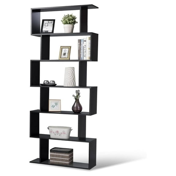 6-Tier Geometric Bookcase, Modern S-Shaped Storage Display Bookshelf for Living Room, Anti-Toppling Device, Home Office Wooden 6 Shelf Open Bookcase (1, Black)