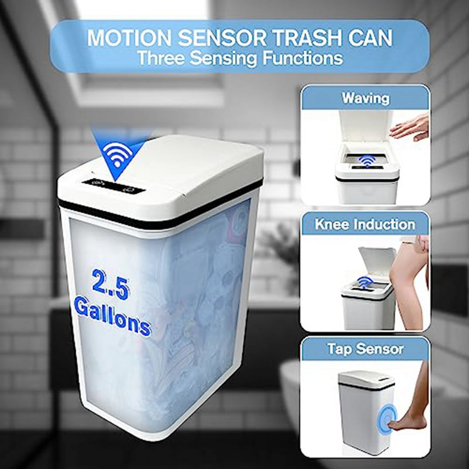 Automatic Touchless Bathroom Trash Can with Lid White Slim Narrow Plastic Smart Motion Sensor Covered Garbage Can