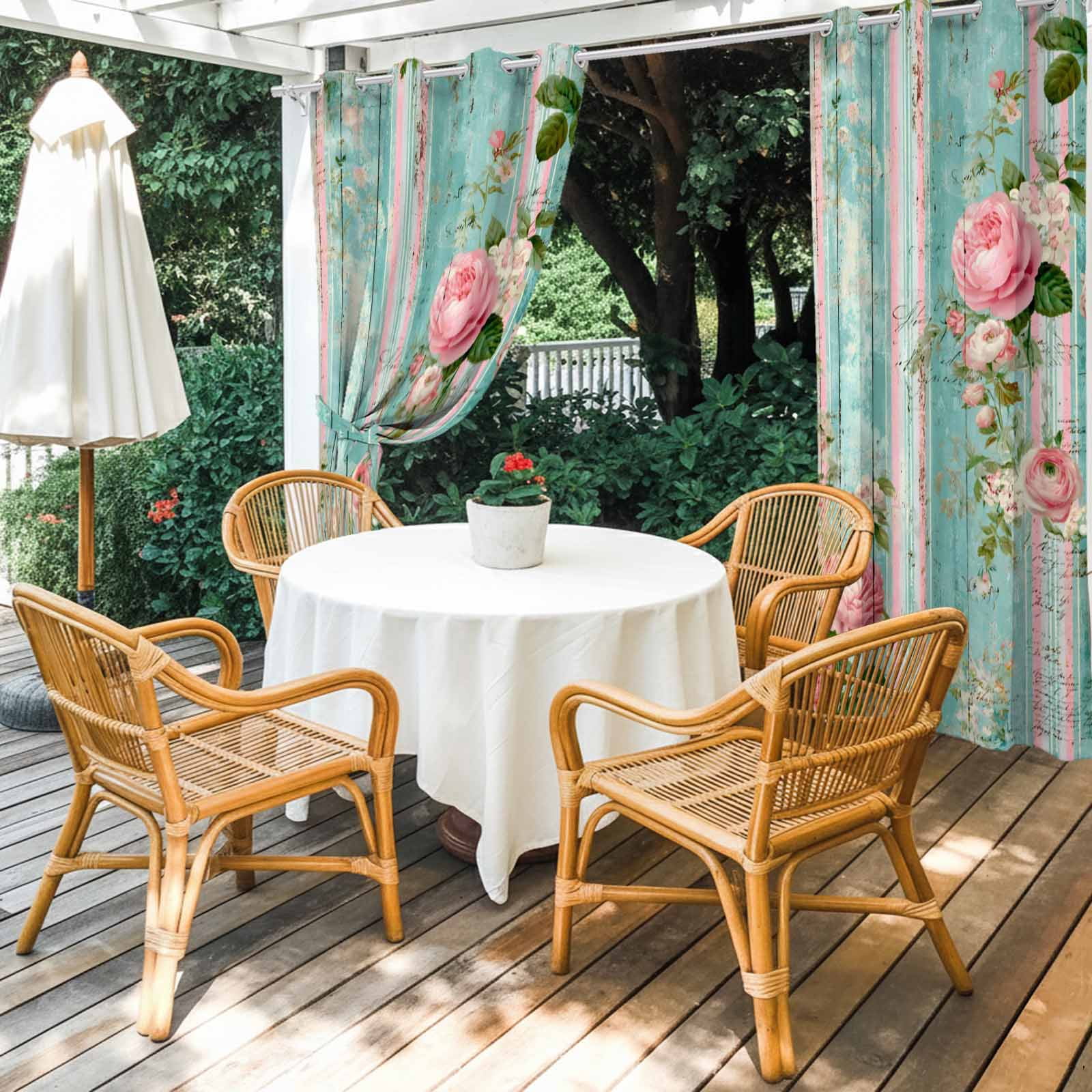 Rustic Pink Roses Outdoor Curtains for Patio, Botanical Leaves Wood Grain Vintage Sunshade Privacy Drapes Grommet Waterproof Outside Curtains for Porch/Cabana/Balcony 54"x 108", 1 Panel