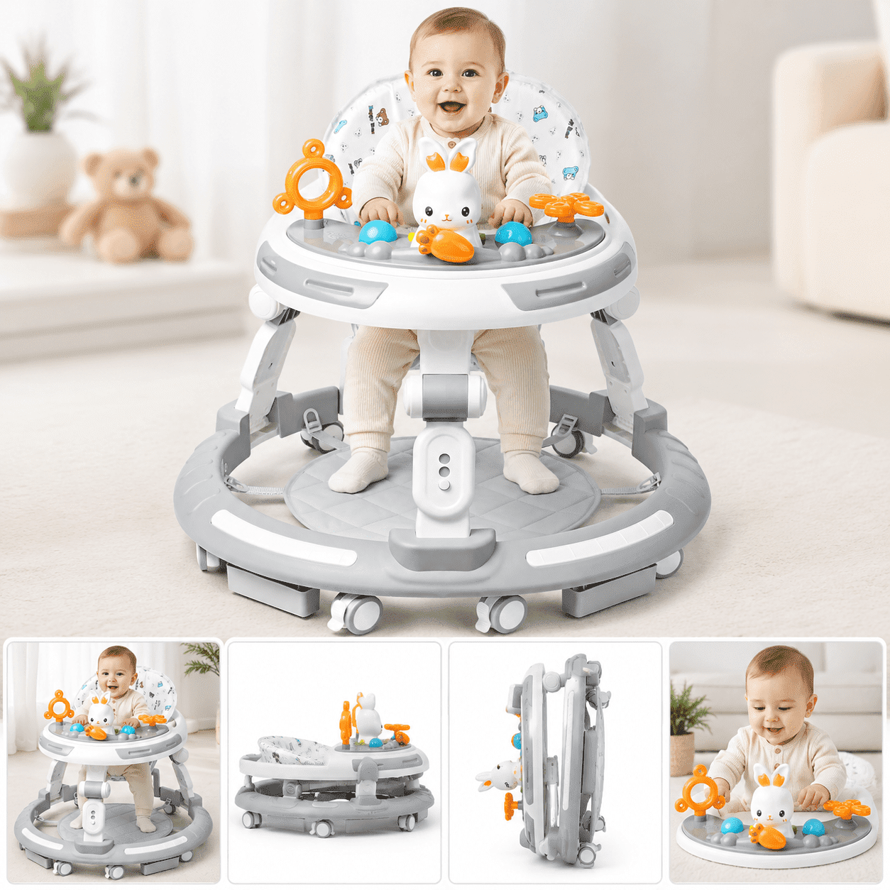 4-in-1 Foldable Baby Walker with Wheels, Height Adjustable Activity Center & Push-Along Mode, 360° Swivel Casters, Removable Feeding Tray, 6-18 Months
