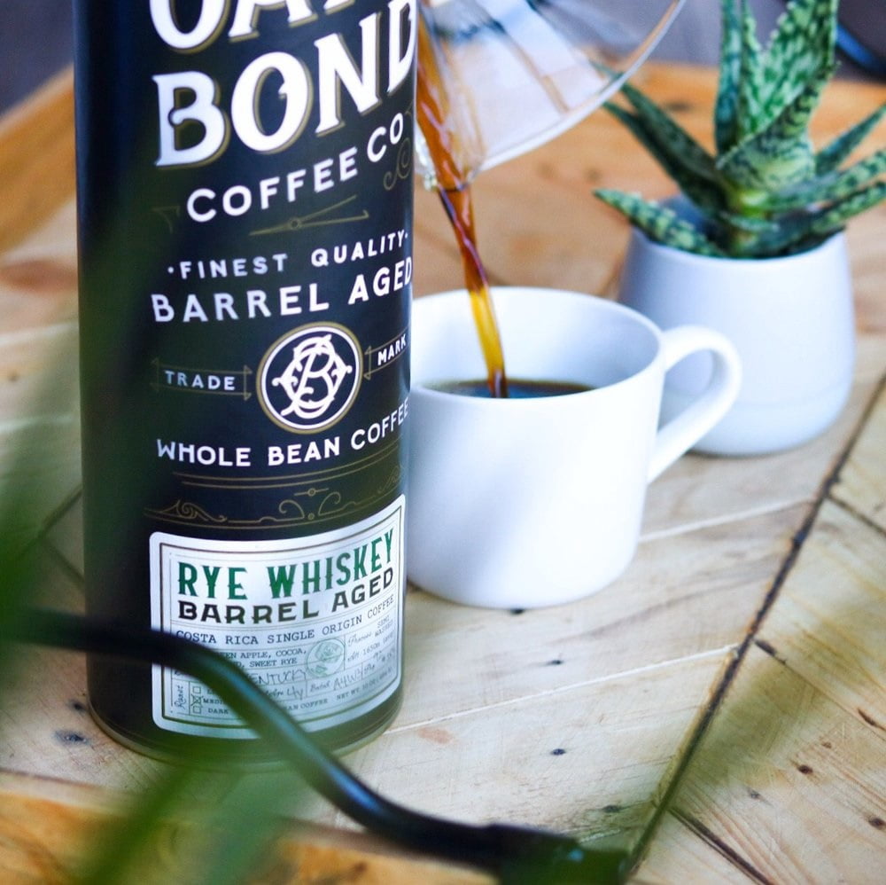Rye Whiskey Barrel Aged Coffee, Costa Rica Single Origin Small Family Farm Whole Bean Coffee, Medium Roast w/ Flavor Notes of Cocoa, Almond, Sweet Rye, Green Apple by Oak & Bond Coffee Co. – 10oz.