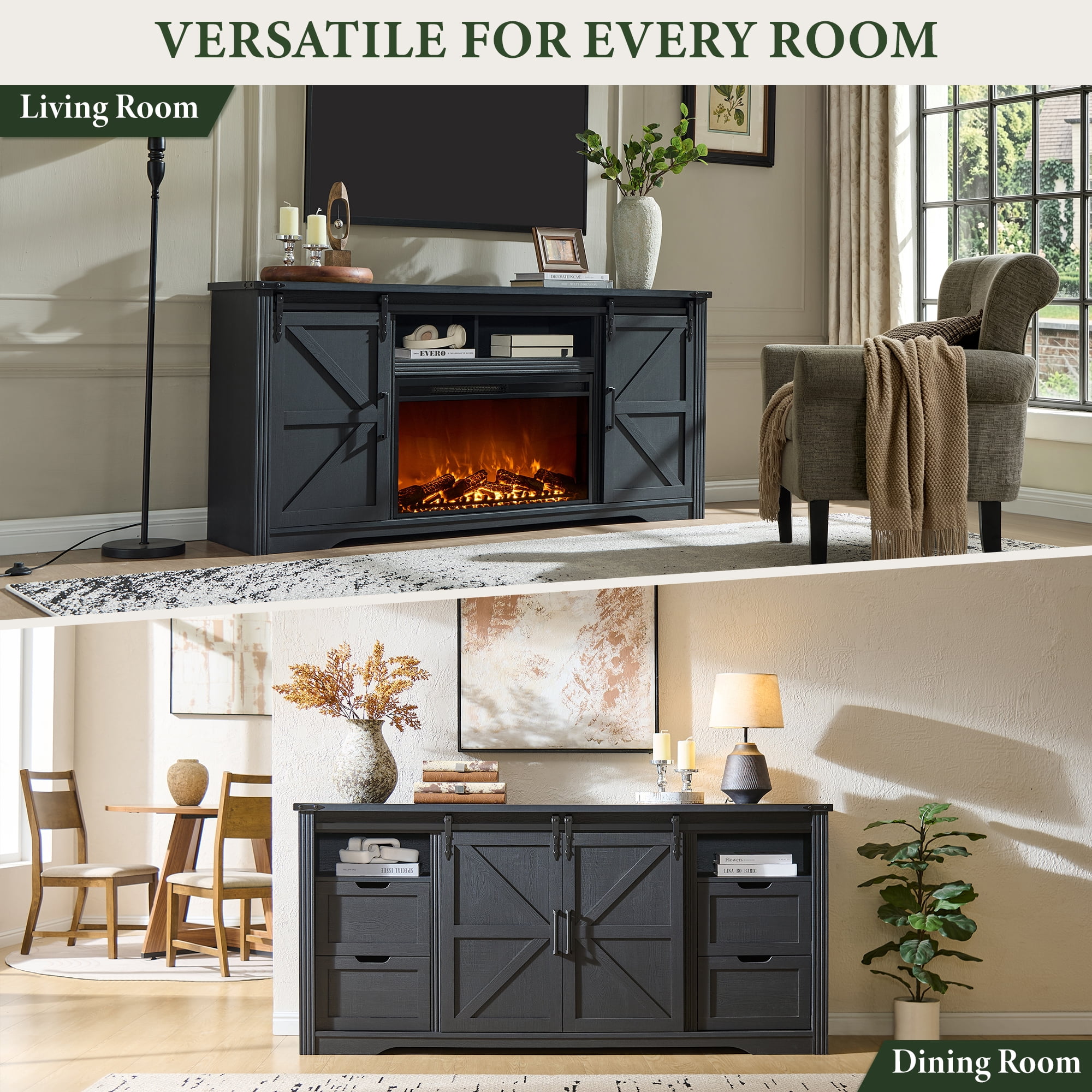 IFMUST Farmhouse Fireplace TV Stand for TVs up to 80", 30" Electric Fireplace & Barn Door
