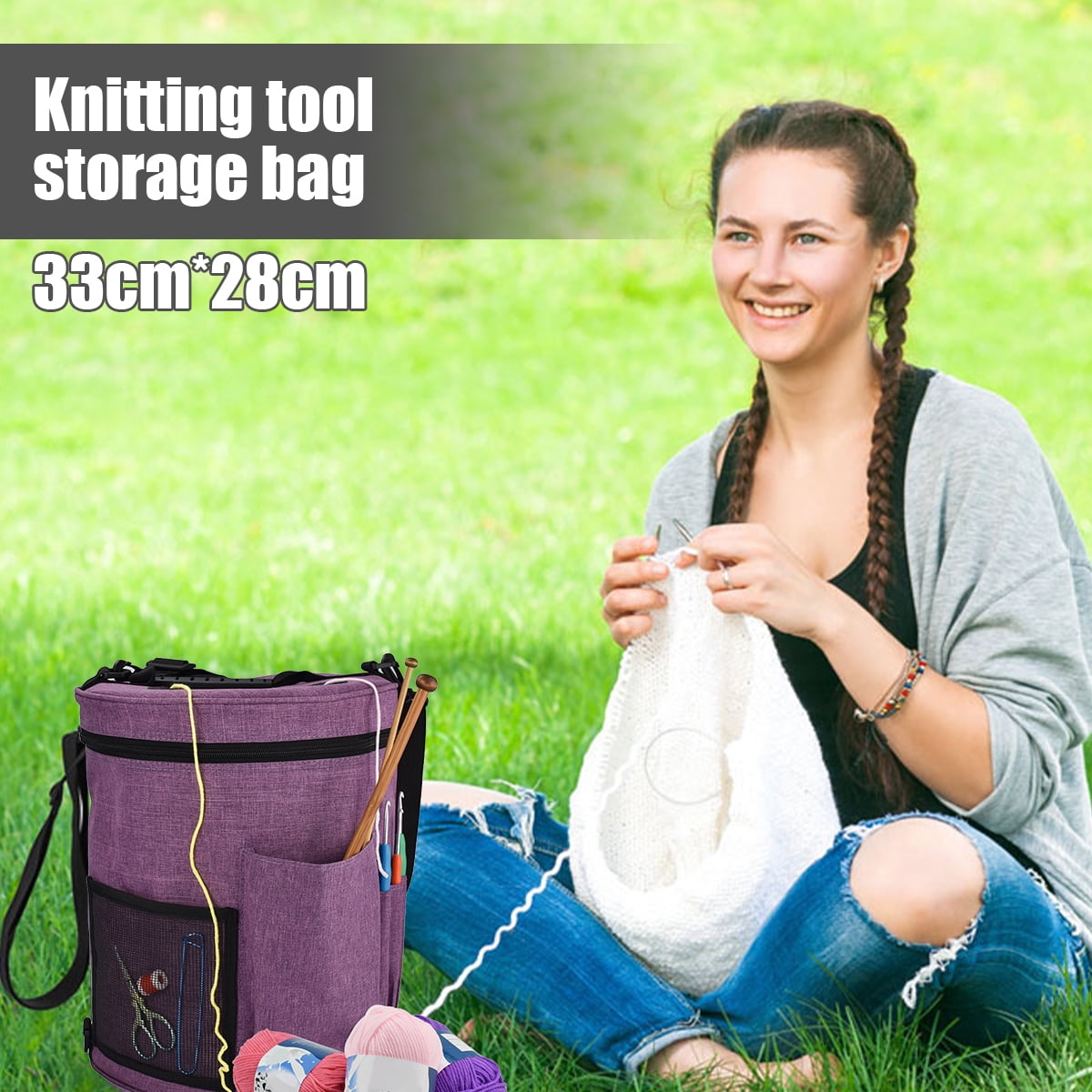 Ghopy Crochet Bag Knitting Bag Yarn Storage with Multi-Pockets Barrel-Shaped Handle Strap Knitting Storage Bag Portable Yarn Knitting Organizer Bag for Hooks Needles Yarn Skeins