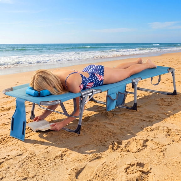 Folding Sun Lounge Chair with Face & Arm Holes, Adjustable Backrest, Oxford Fabric Metal Frame, Includes Carry Bag & Pillow for Patio Pool Beach, Navy Blue