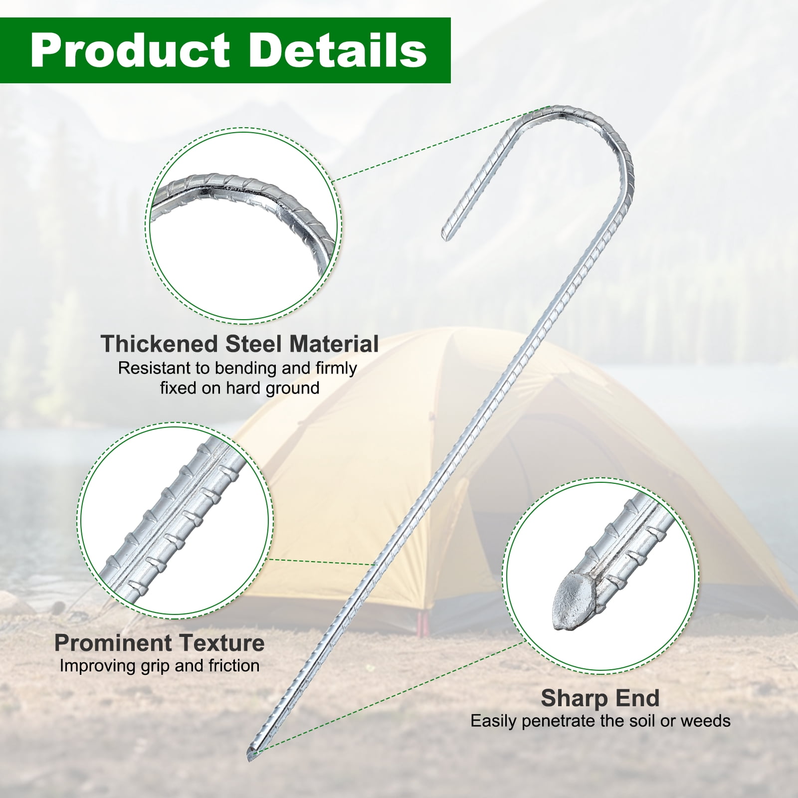 6 Pack Ground Stakes Heavy Duty J Shaped Stakes, 12 Inch Steel Tent Pegs 0.24" Dia J Hook Ground Anchors Link Fence Spikes with Chisel Point End for Garden Camping Gazebo, Silver