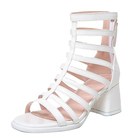 

Cathalem Sandals Roman New Round Toe Thick Heel High Heels Women Back Zipper Fashion Hollow Out Sandals Women s Sandals White 40