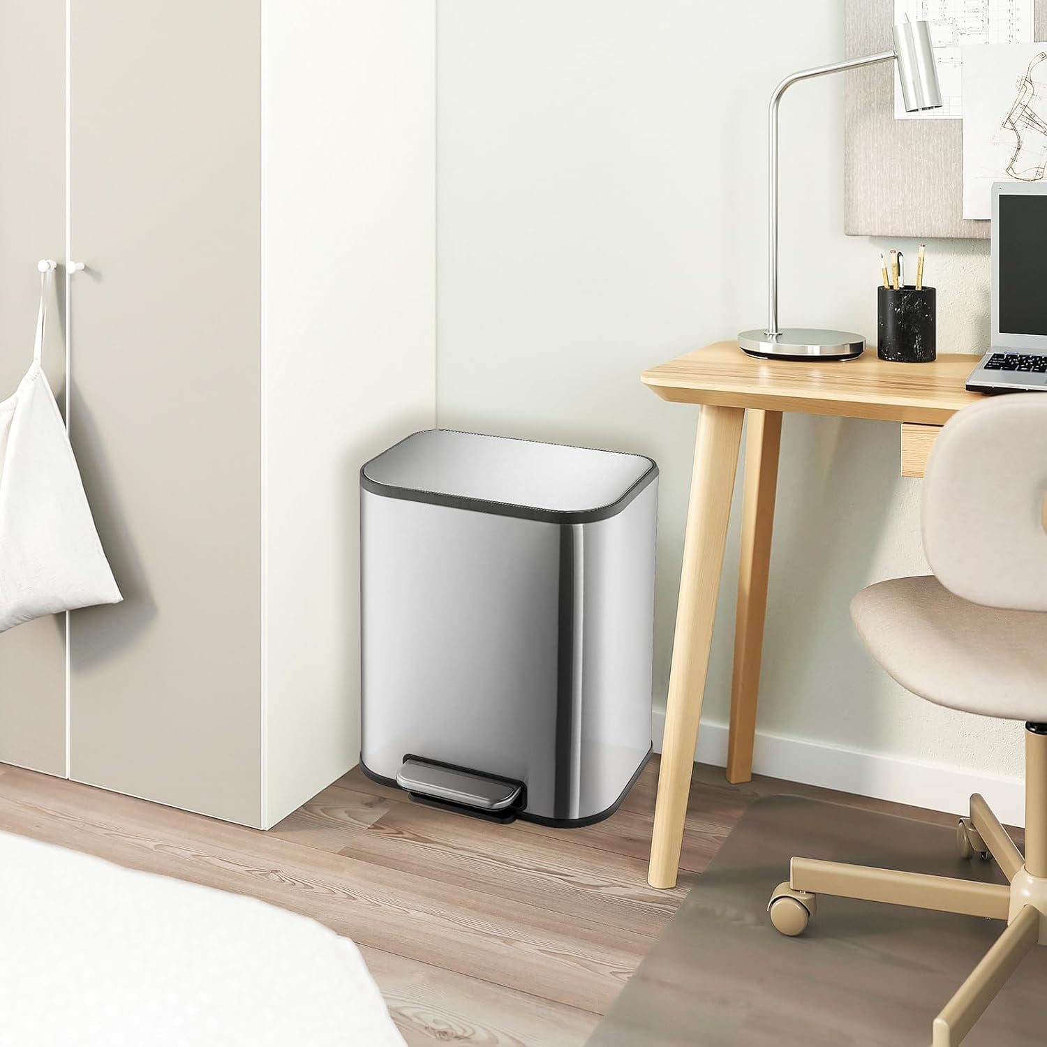 BENESKY 5.3 Gallon/20L Trash Can, Stainless Steel Garbage Can, Small Rectangular Trash Can with Soft Close Lid Foot Pedal & Inner Bucket for Kitchen Home Office Bedroom Living Room
