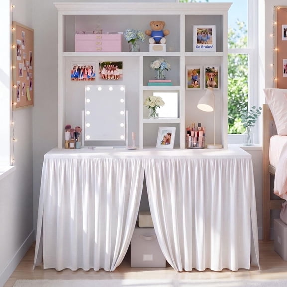 Natonhi 1 Pcs Ruffled Dorm Desk Skirt 36" L x 24" W x 30" H White Dorm Table Skirt with Split Front & Corners Pleated Minimalist Tablecloth for University Dormitory Classroom Teacher Office Home