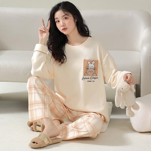 Pijamas coreanos de manga larga para mujer, traje de estar por casa con estampado de oso, pantalones a cuadros, ropa de dormir para niñas, Otoño e Invierno