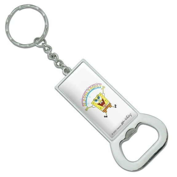 SpongeBob Imagination Rainbow Keychain Rectangle Chrome Plated Metal Bottle Cap Opener