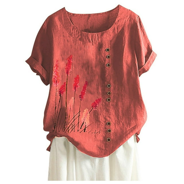 Liquidation Staron Hauts en Lin pour Femmes, Tuniques à Imprimé Floral Tendance, Blouses à Manches Courtes Retroussables, T-Shirts à Col Rond, Blouses Décontractées d'Été, Cadeaux d'Anniversaire pour Femmes, Rouge Melon D\'eau L