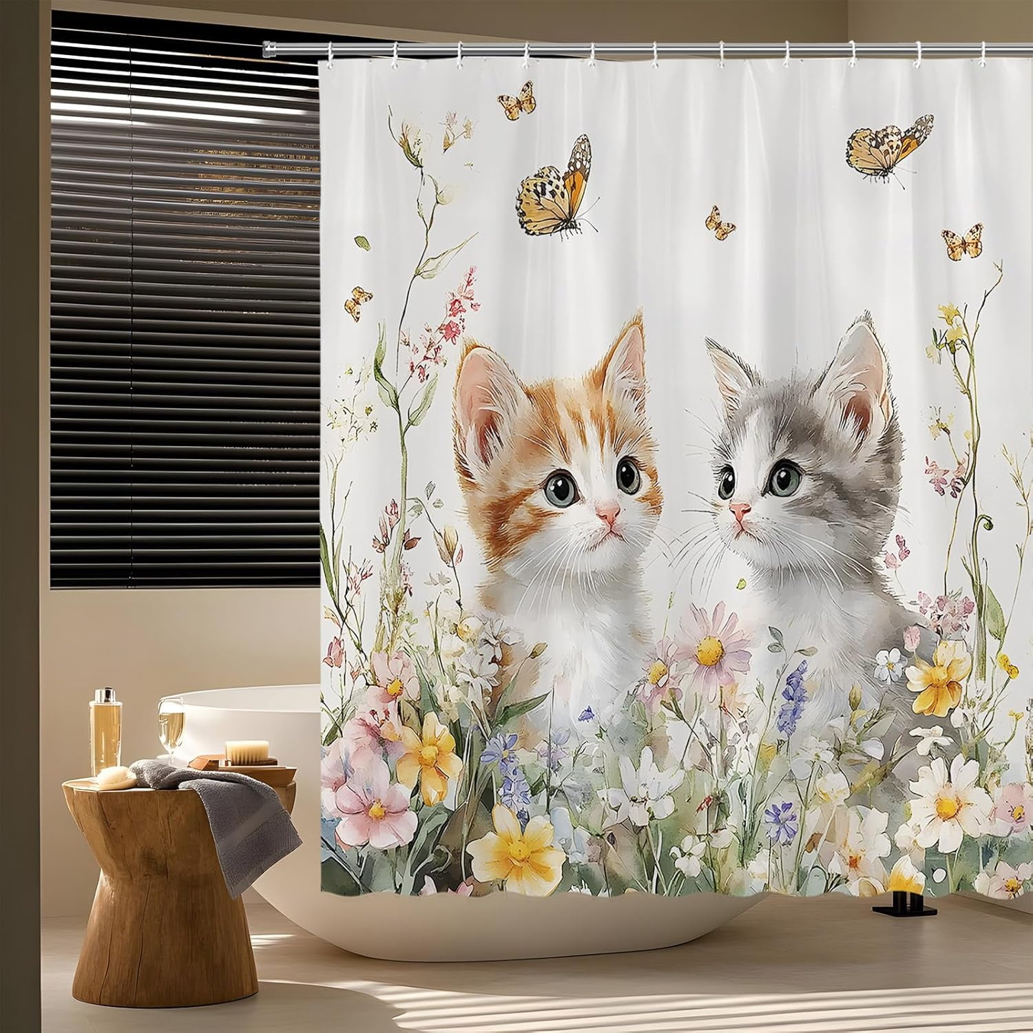 Butterfly and Kitten Floral Shower Curtain Cute Cat Spring Farmhouse Rustic Farm Animal Garden Cats Pet Lover Wildflower Bathroom Curtains Set Polyester Fabric with Hooks-72"W x 72"L (Pack of 1)