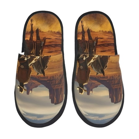 Balery Western Desert Cowboy Cloud Slient Indoor Furry Fleece Comfort House Shoes Soft Non-Slip Home Shoes Cotton slippers House Slippers-- Large