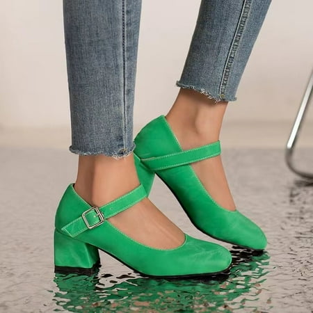 

Fanxing Heels for Women Closed Toe Casual Dress Sandal Buckle Ankle Strap Solid Color Block Mid Heel Pumps for Ladies Summer