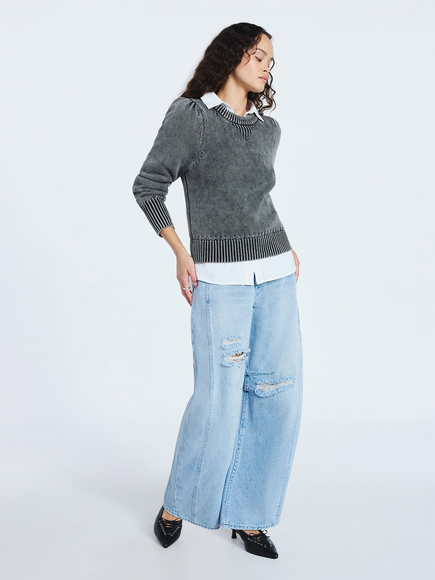 Scoop Women’s Acid Wash Cotton Sweater with Long Puff Sleeves, Midweight, Sizes XS-XXL