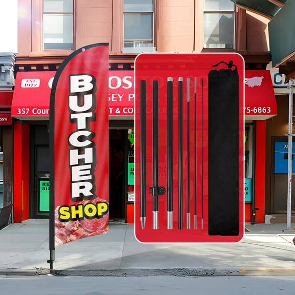 QSUM Butcher shop Advertising Swooper Flag Sign, Butcher shop Feather Flag Pole Kit with Ground Spike, 7Ft Advertising Feather Banner Sign for Butcher shop Business