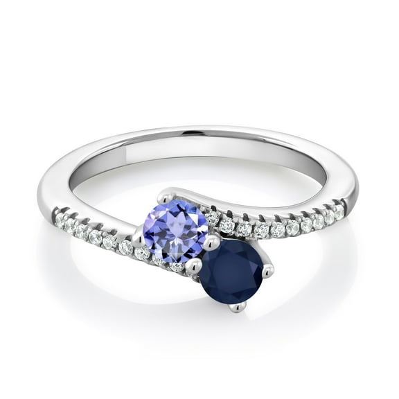 Gem Stone King 925 Sterling Silver Blue Tanzanite and Blue Sapphire Bypass Ring for Women (0.89 Cttw, Gemstone December Birthstone, Round 4MM, Size 9)