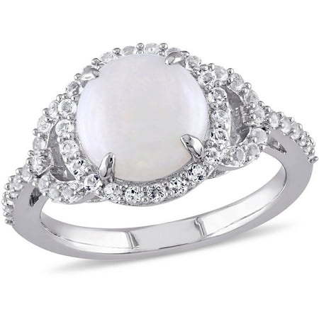 2-2/5 Carat T.G.W. Opal and White Topaz Sterling Silver Halo Cocktail Ring