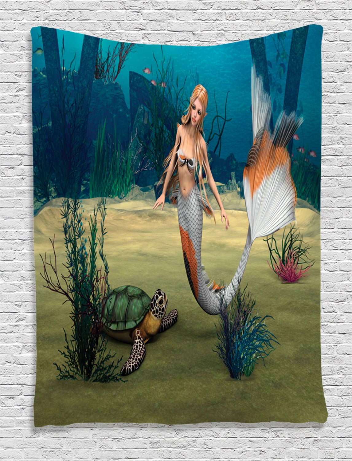 Mermaid Tapestry Digital Render Of Cute Mermaid Turtle Fantasy World In Ocean Under The Sea Art Wall Hanging For Bedroom Living Room Dorm Decor