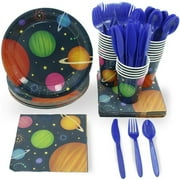 24 Set Party Disposable Dinnerware Plates Cups Napkins Knives Forks, Outer Space