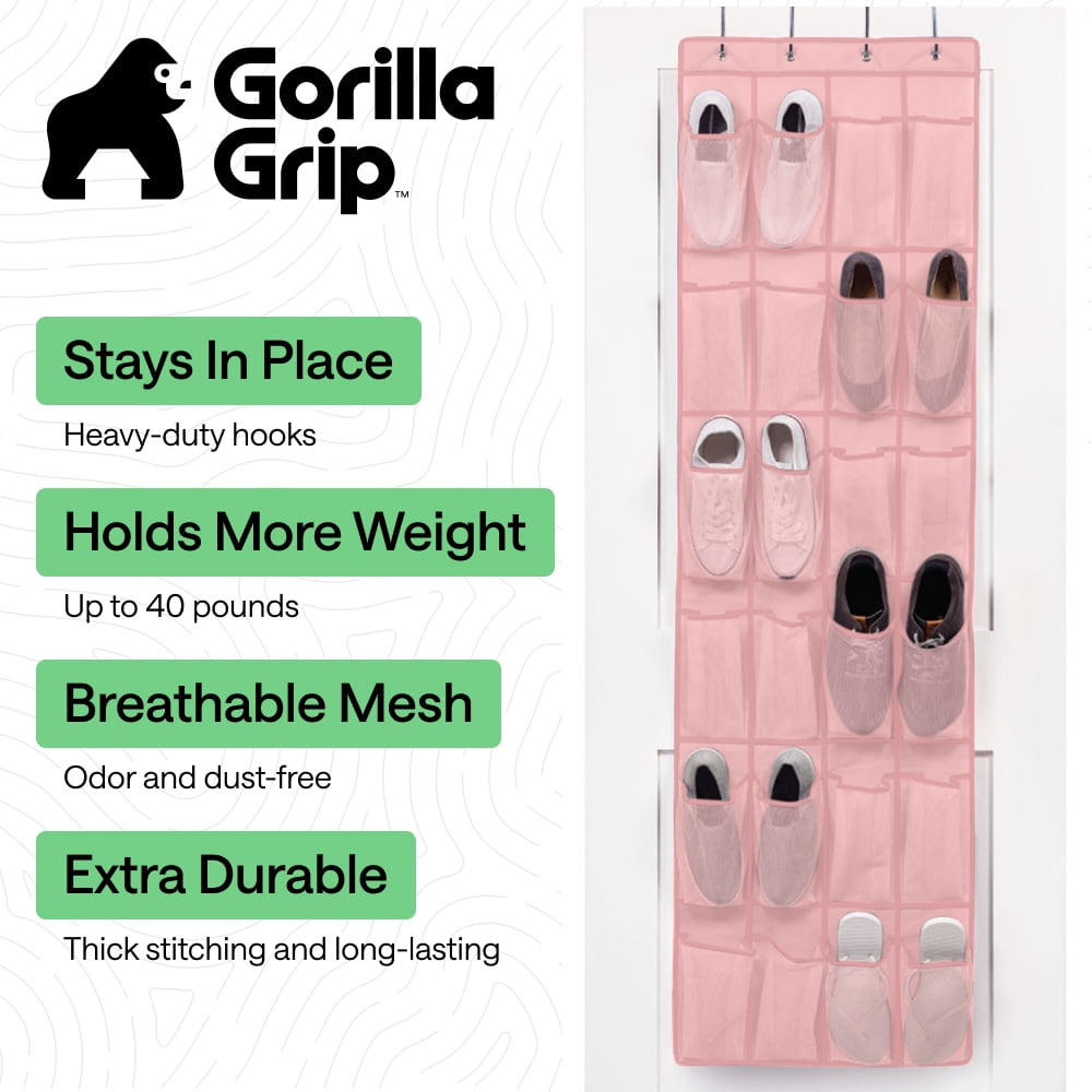 GORILLA GRIP 24 Pocket Over the Door Shoe Organizer, Mesh Pockets, Up to 40 Pounds, Hang on Doors, Light Pink