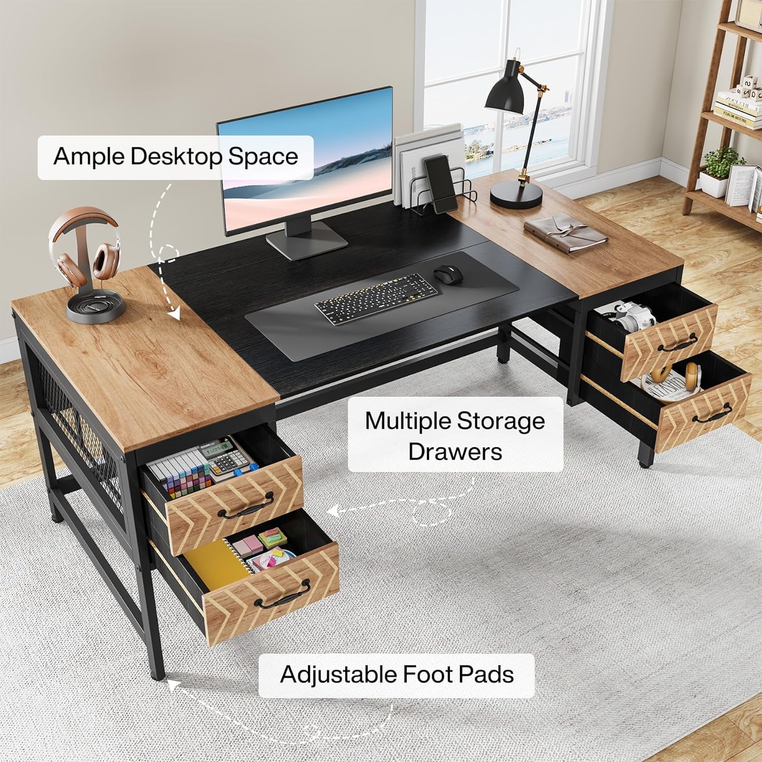 PurelyGoods  Computer Executive Desk with Drawers: 63" Computer Desk with 4 Storage Drawers, Wood Farmhouse Study Writing Table, Herringbone Business Furniture for Home Office